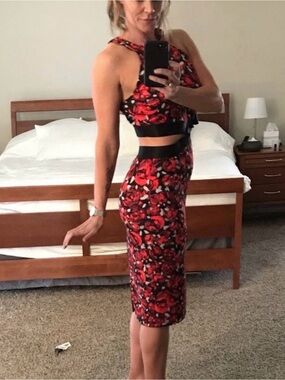 bebe Red and Black Floral Backless Evening Dress